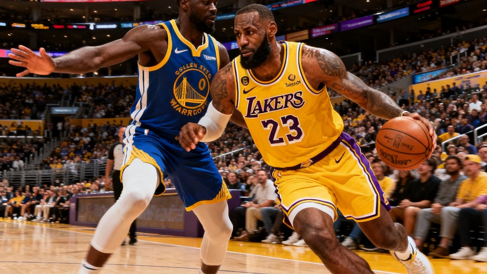 NBA常规赛湖人主场对阵勇士，詹姆斯持球突破格林防守，斯台普斯中心灯光璀璨